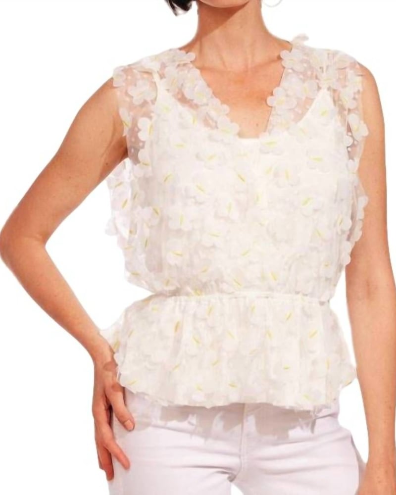 Front of a model wearing a size XL Glory Top in Daffodil Petal in Daffodil Petal by EVA FRANCO. | dia_product_style_image_id:334118